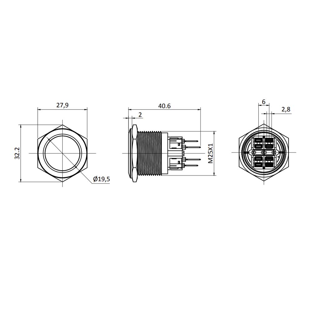 Metzler - Drucktaster 25mm - IP67 IK10 - Edelstahl - Flach - Lötkontakte