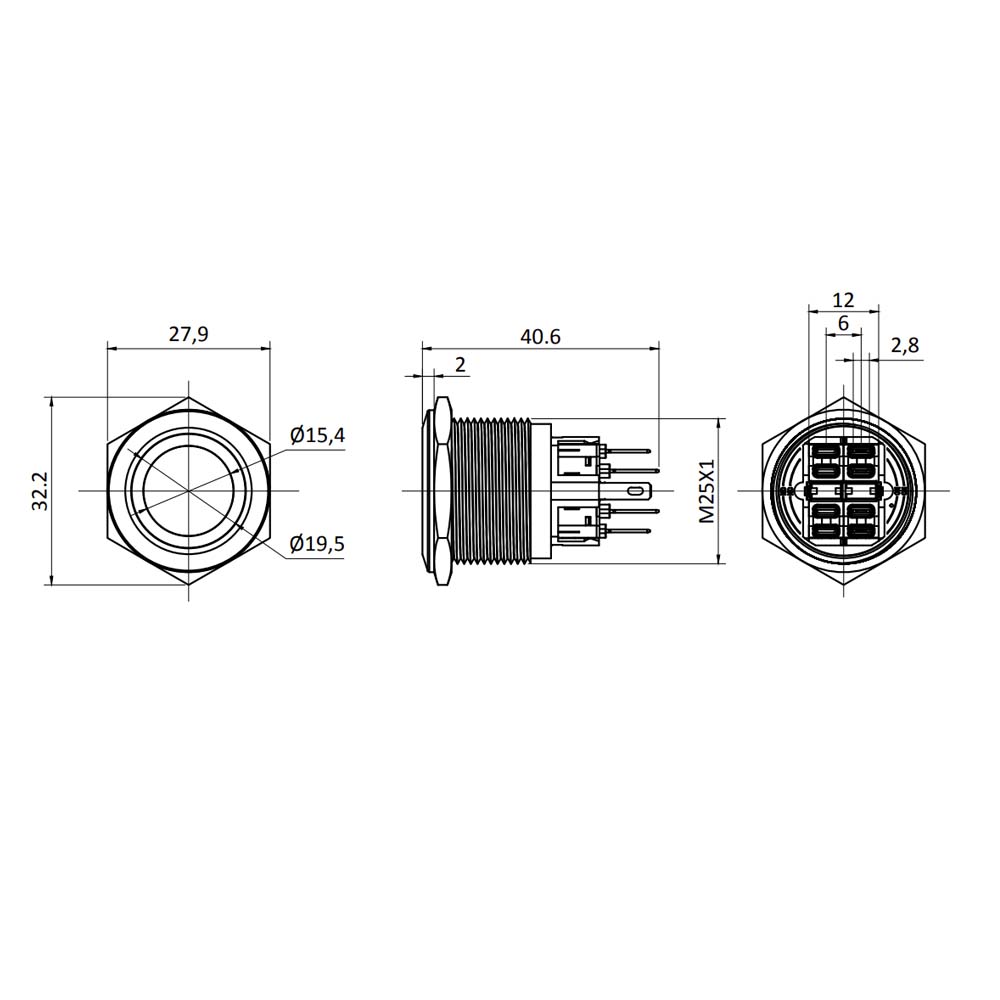 Metzler - Drucktaster 25mm - LED Ringbeleuchtung Weiß - IP67 IK10 - Edelstahl - Flach - Lötkontakte