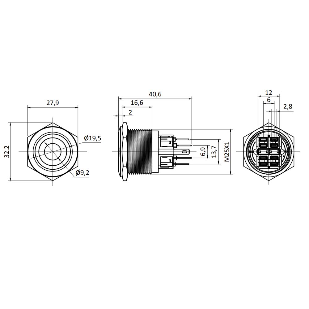 Metzler - Drucktaster 25mm - LED Punktbeleuchtung Gelb - IP67 IK10 - Edelstahl - Flach - Lötkontakte