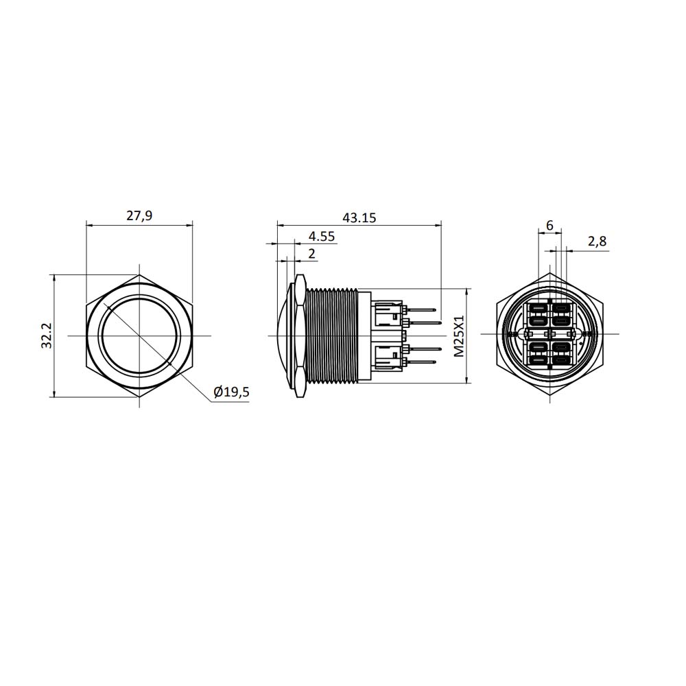 Metzler - Drucktaster 25mm - IP67 IK10 - Edelstahl - Gewölbt - Lötkontakte