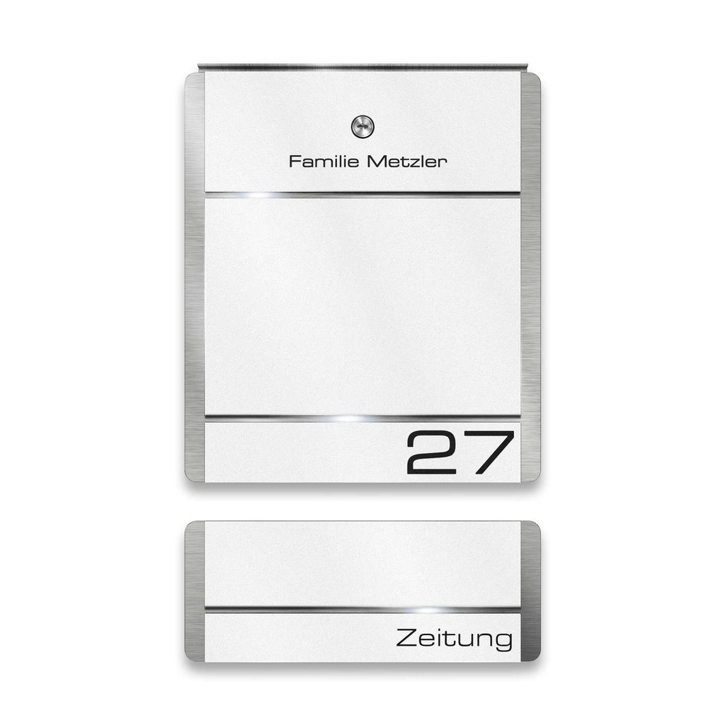 Metzler Briefkasten Weiß Edelstahl V4A Gravur + Zeitungsfach optional | 01