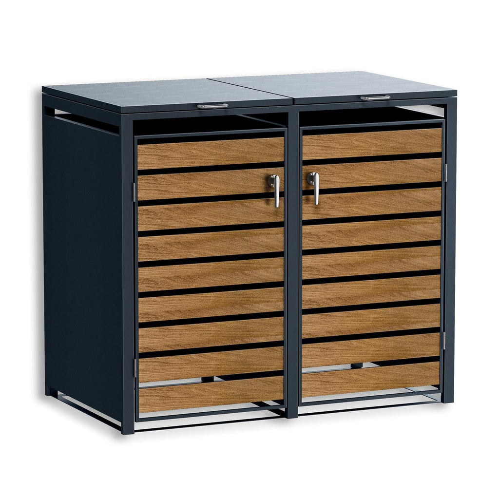 Metzler Mülltonnenbox | zweitürig | rostfrei und massiv | in Holzoptik | 2x 240l | RAL7016 Anthrazitgrau matt