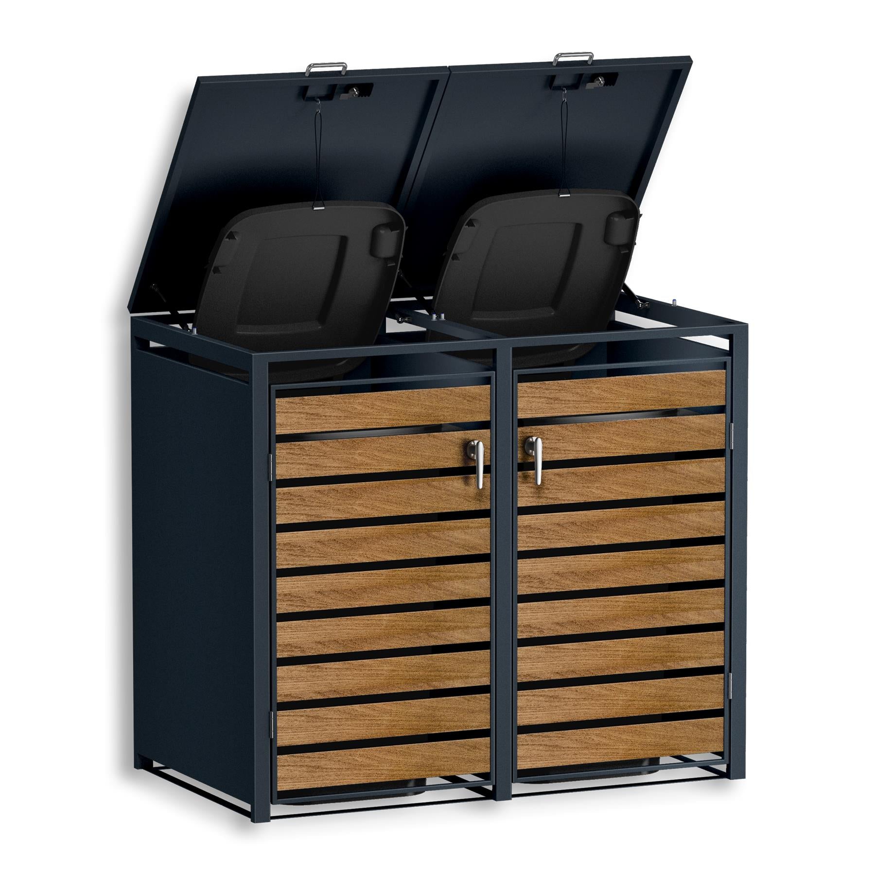Metzler Mülltonnenbox | zweitürig | rostfrei und massiv | in Holzoptik | 2x 240l | RAL7016 Anthrazitgrau matt