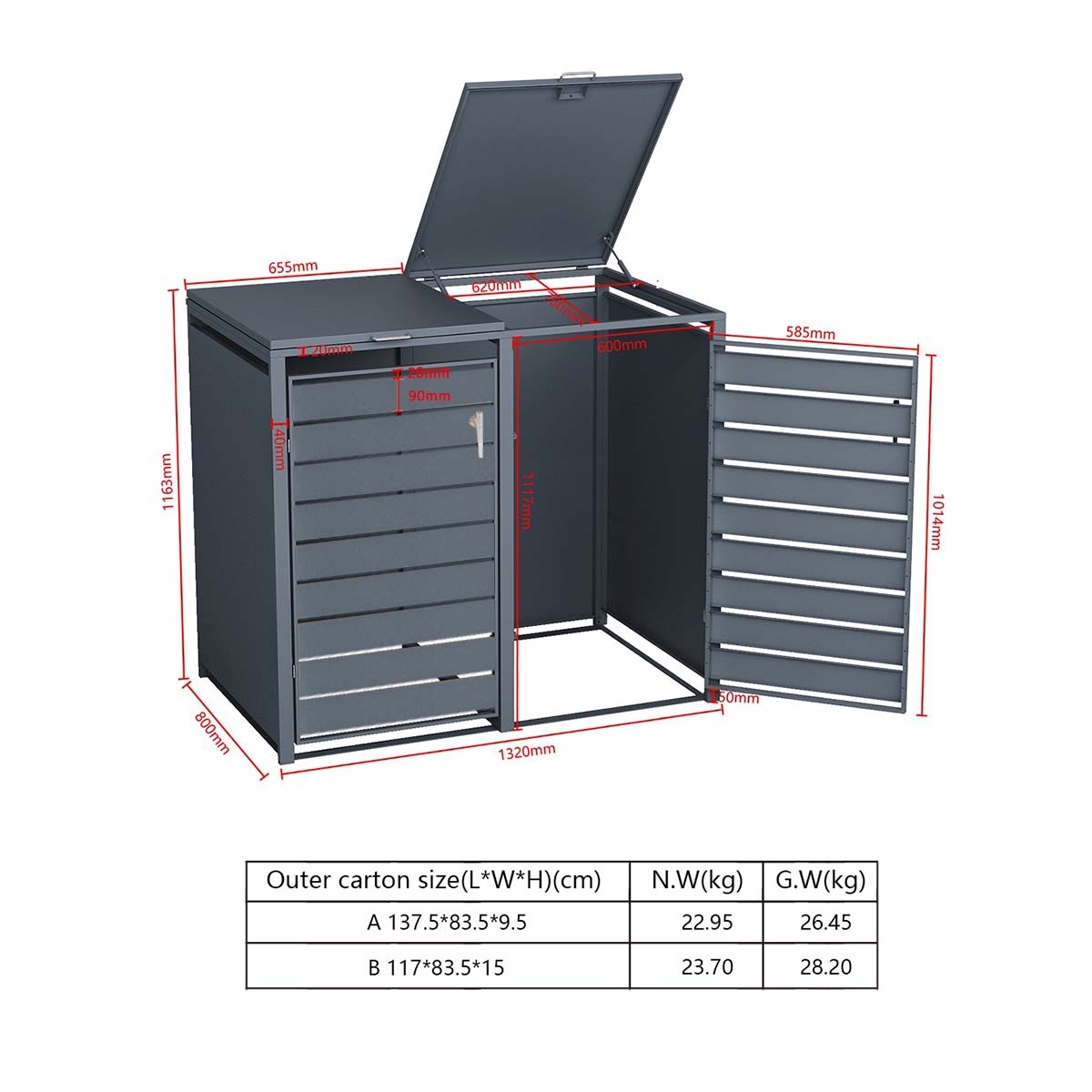 Metzler Mülltonnenbox | zweitürig | rostfrei und massiv | mit Sichtstreifen | 2x 240l | RAL7016 Anthrazitgrau matt