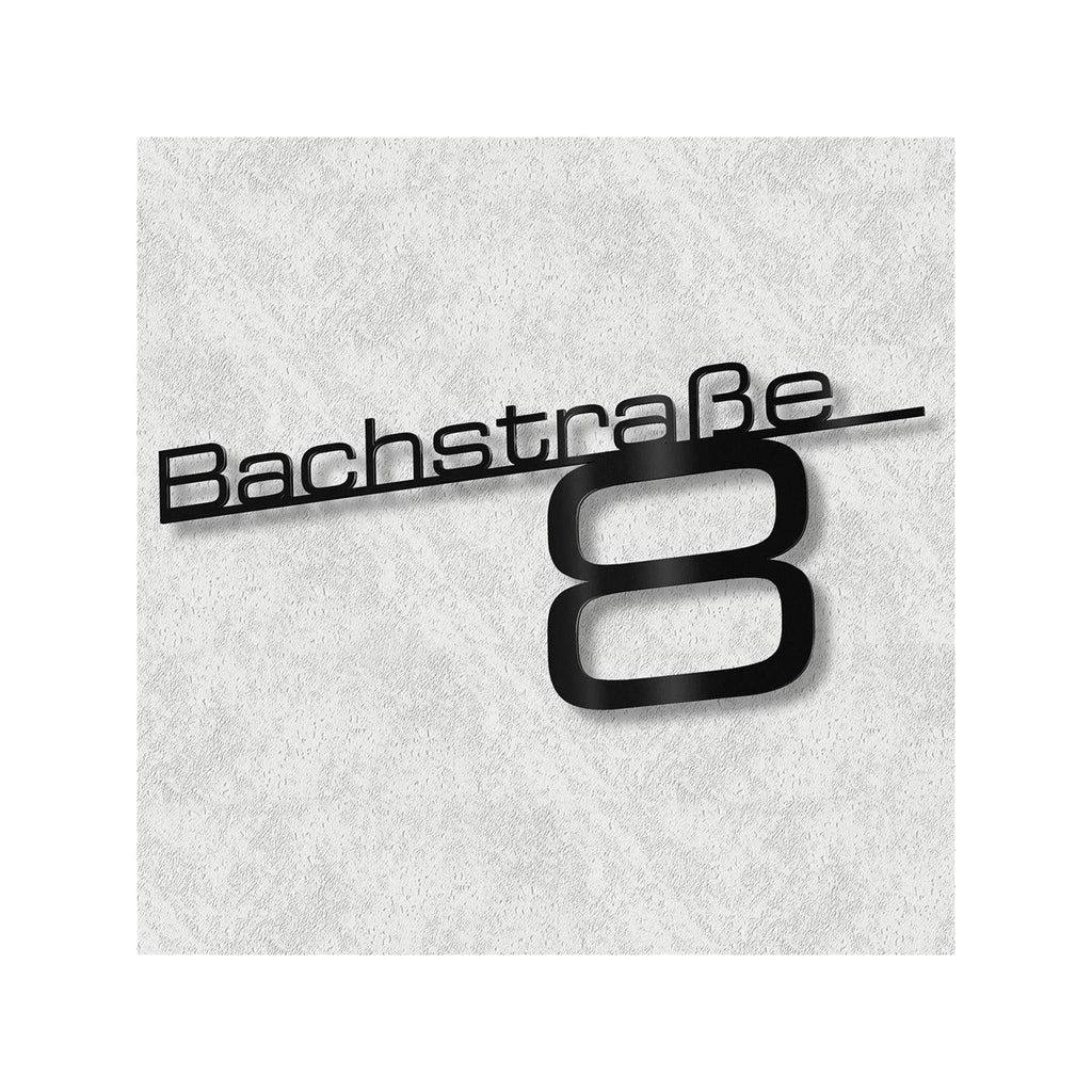 Schriftzug mit Straße & Hausnummer aus Edelstahl in Tiefschwarz RAL 9005