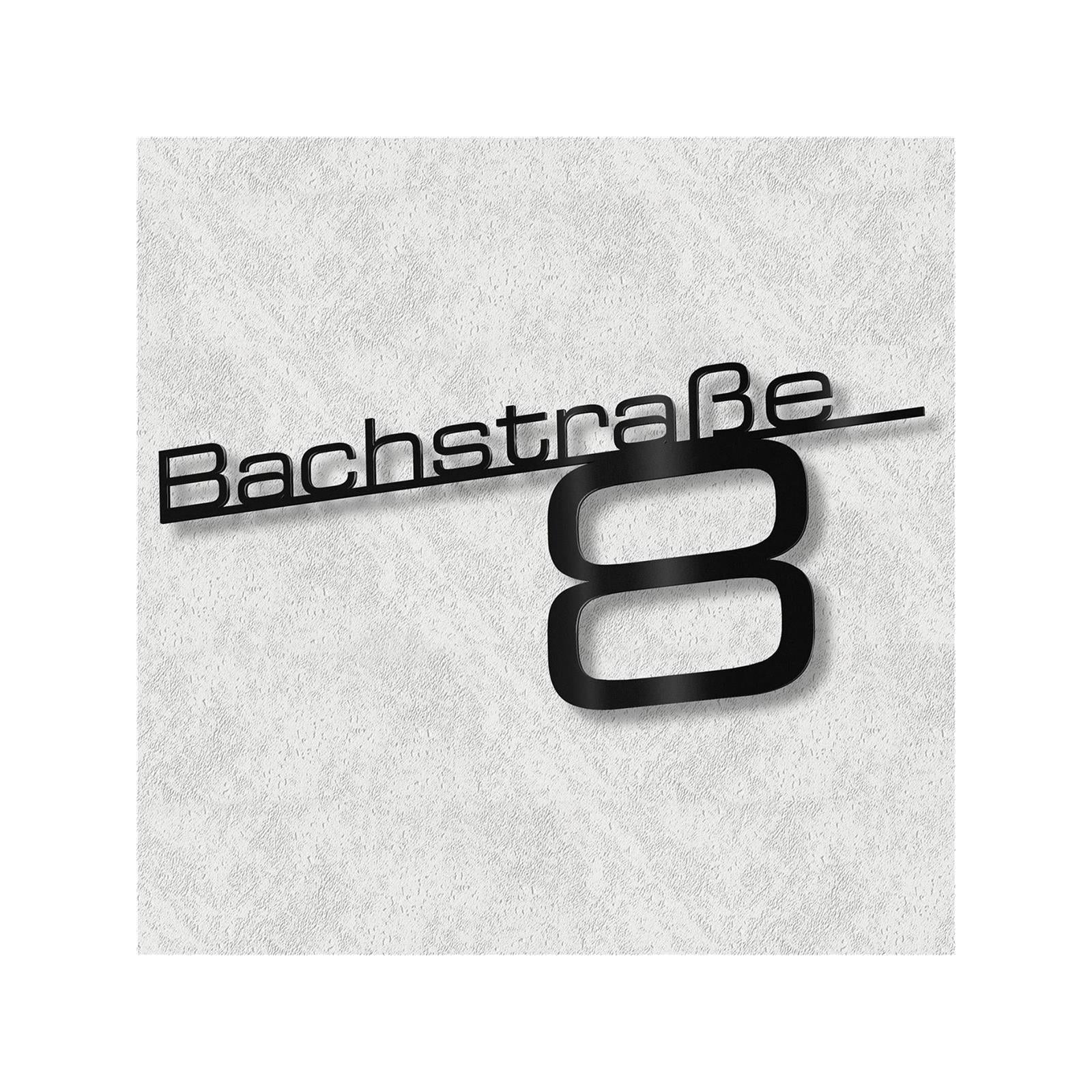 Schriftzug mit Straße & Hausnummer aus Edelstahl in Tiefschwarz RAL 9005