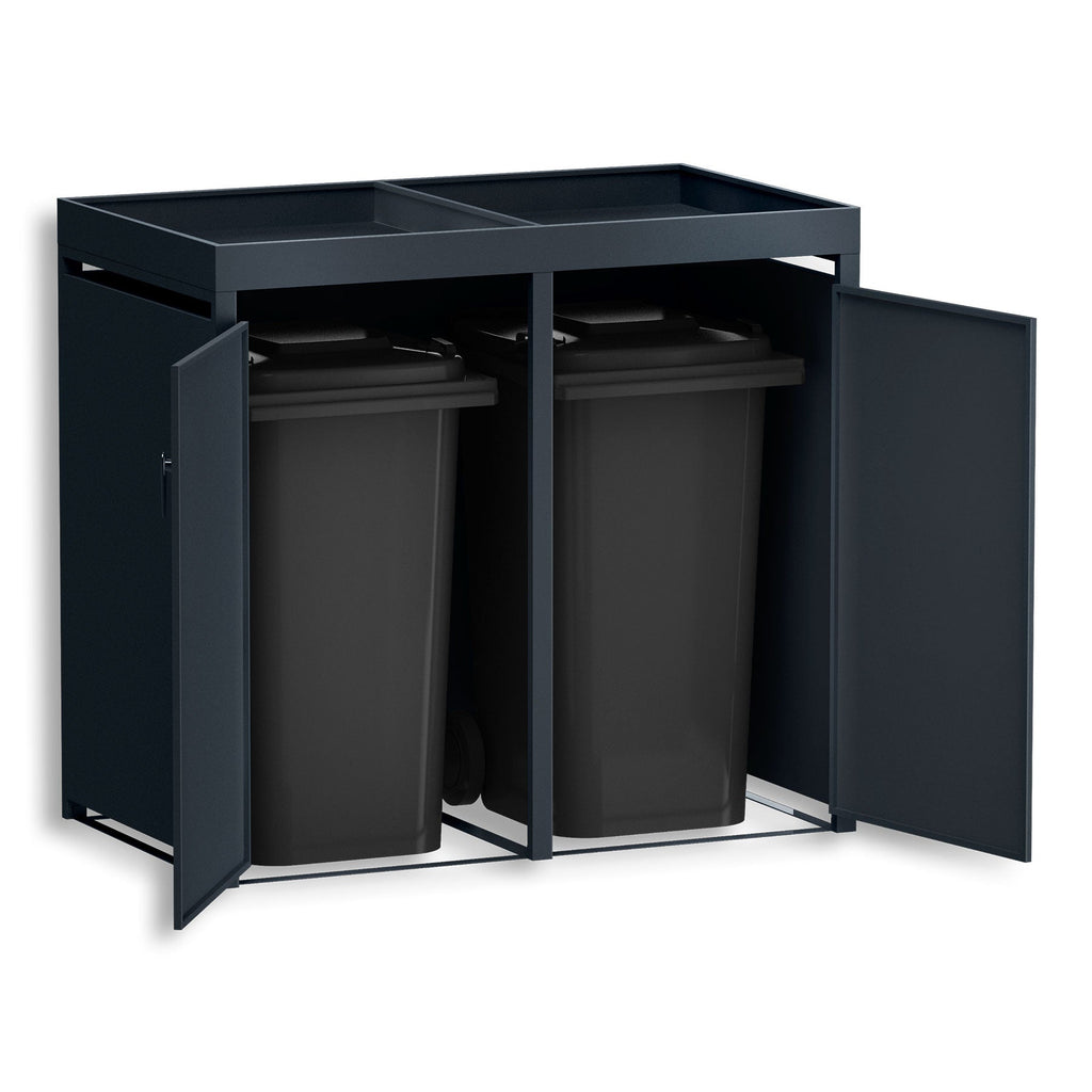 Metzler Mülltonnenbox mit Pflanzdach | zweitürig | massiv & rostfrei | 2x 120l | RAL7016 Anthrazitgrau matt