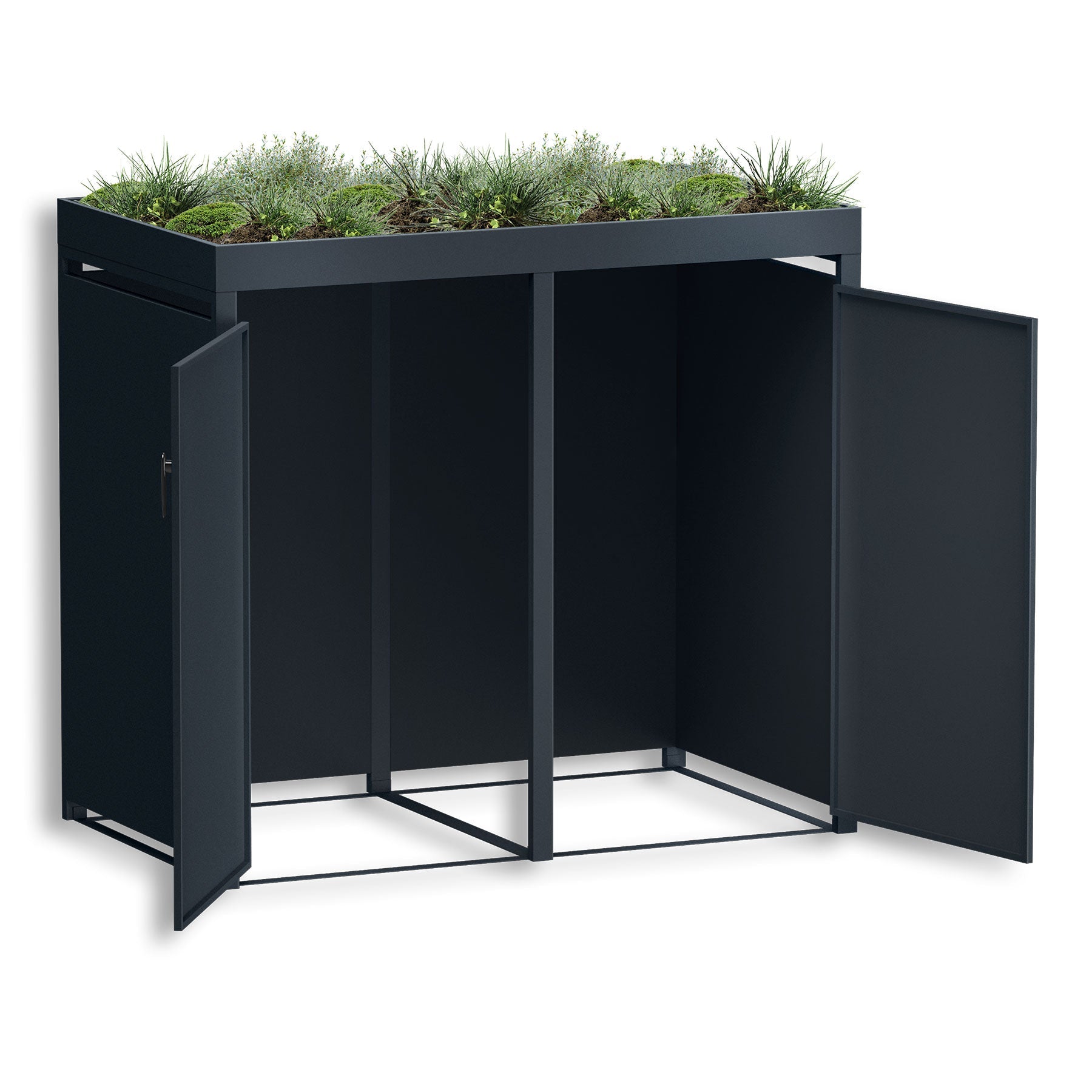 Metzler Mülltonnenbox mit Pflanzdach | zweitürig | massiv & rostfrei | 2x 240l | RAL7016 Anthrazitgrau matt