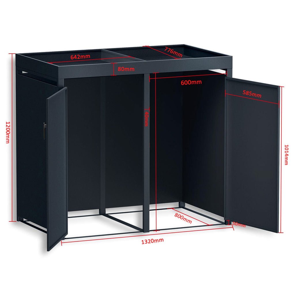Metzler Mülltonnenbox mit Pflanzdach | zweitürig | massiv & rostfrei | 2x 240l | RAL7016 Anthrazitgrau matt
