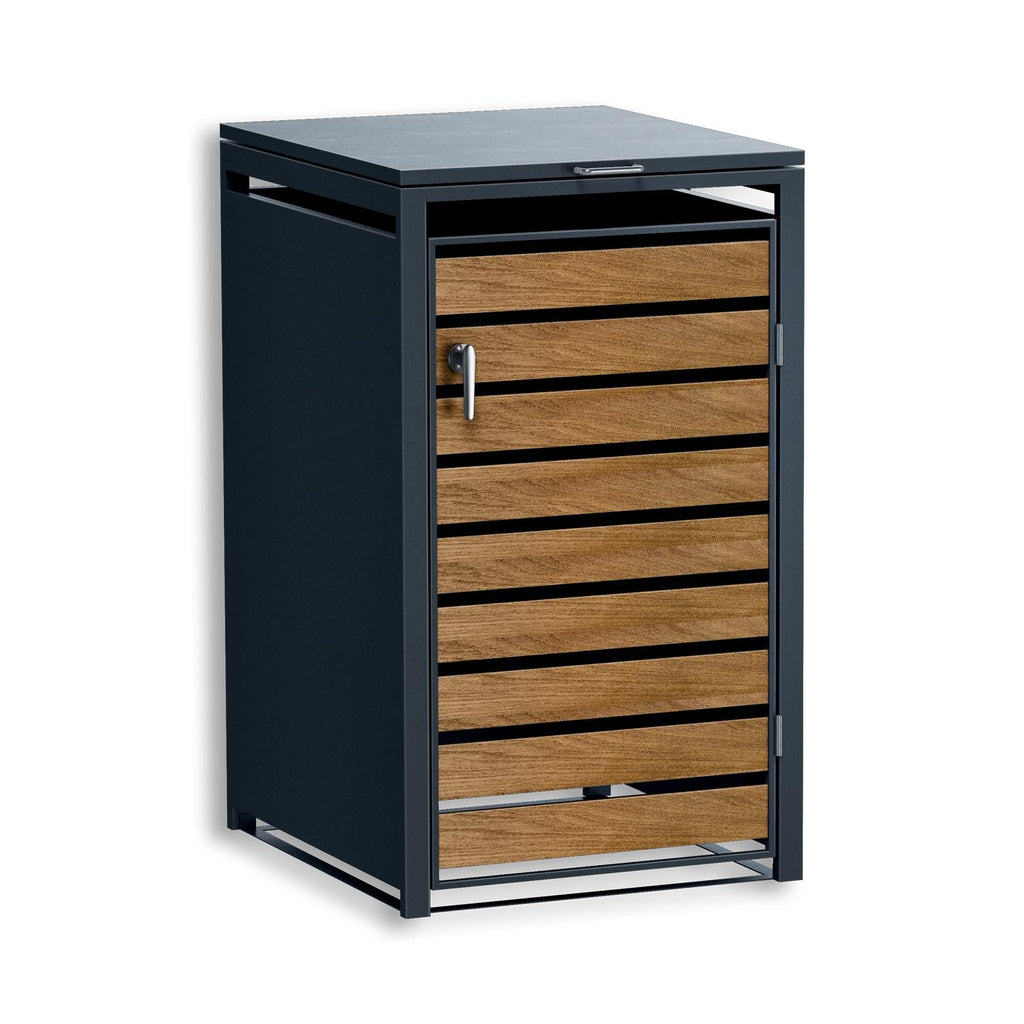 Metzler Mülltonnenbox | 1er | 240l | in Holzoptik | Anthrazit RAL 7016 | aus Stahl | rostfrei & massiv | Türgriff mit Schloss