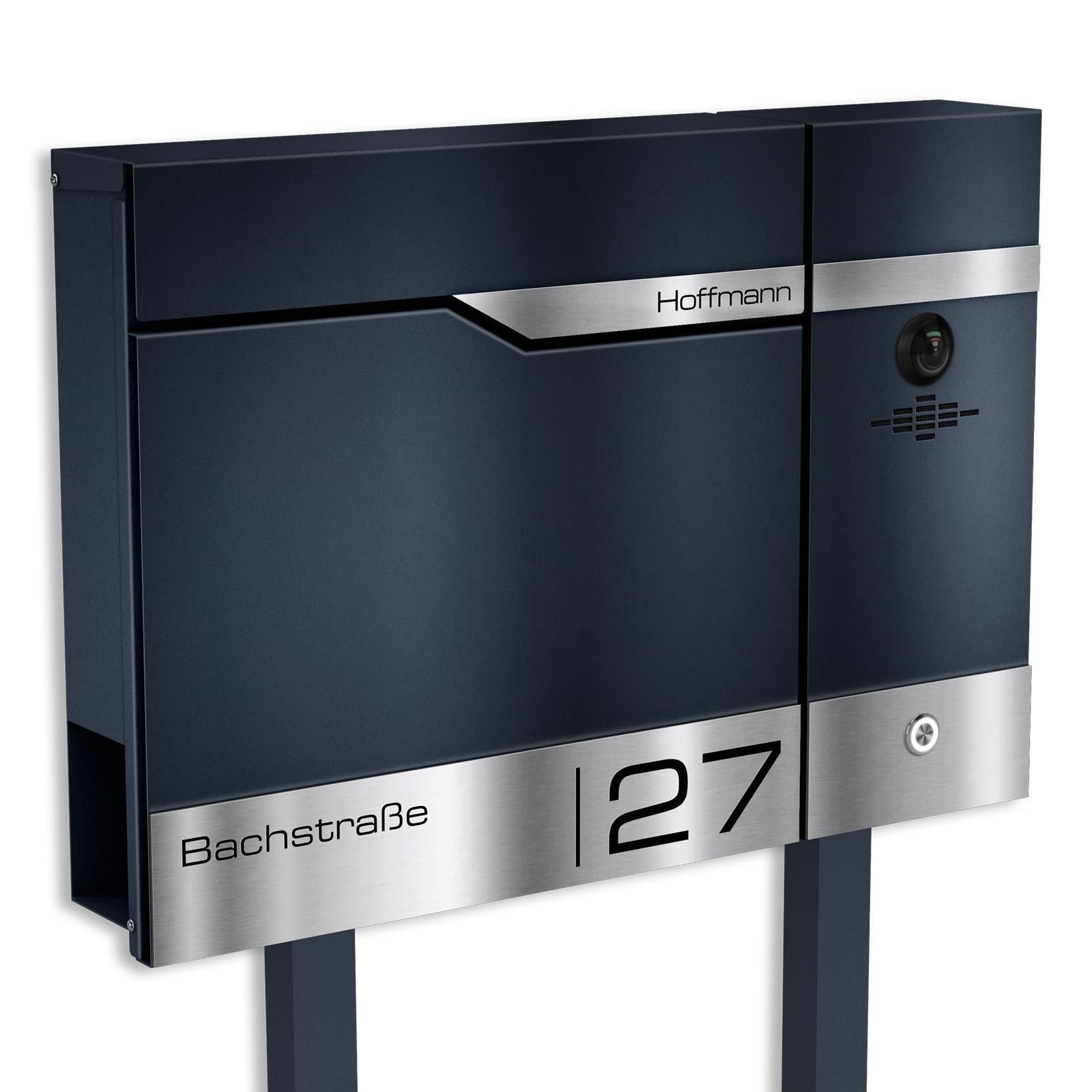 Metzler Standbriefkasten rostfrei und massiv, RAL7016 Anthrazitgrau mit Videosprechanlage VDM10, LAN + PoE Rechts, Modell Siebert