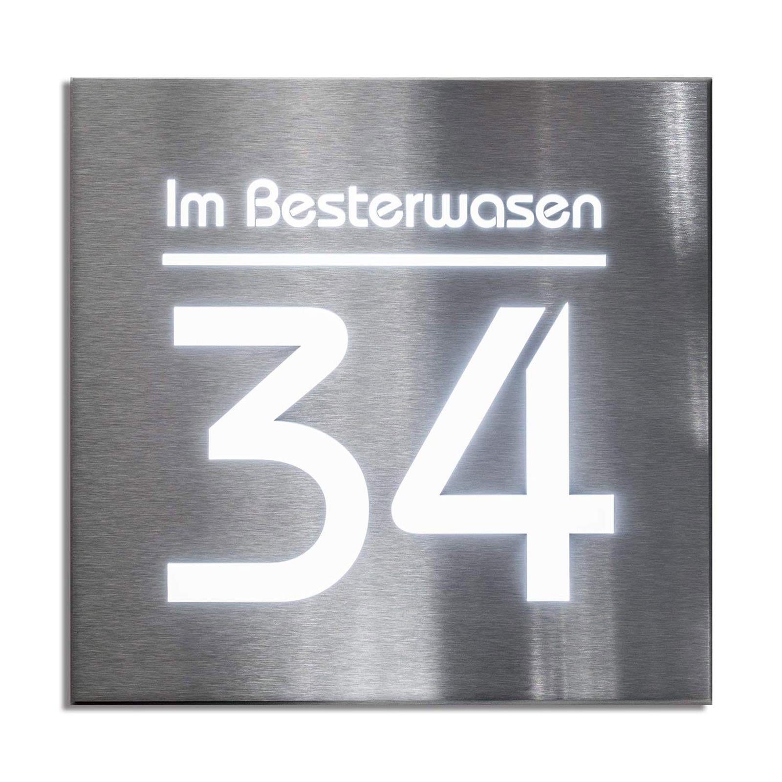 Hausnummernschild aus Edelstahl mit weißer LED-Beleuchtung