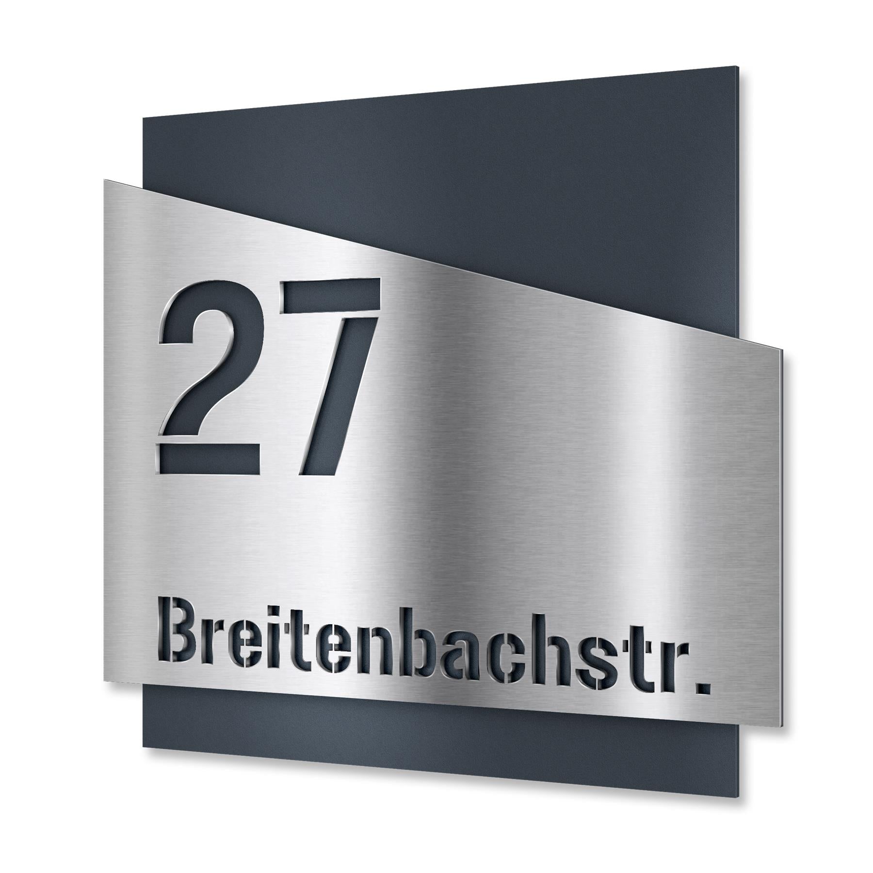 Metzler Edelstahl Hausnummernschild mit Straße | Anthrazit RAL 7016 | Emil