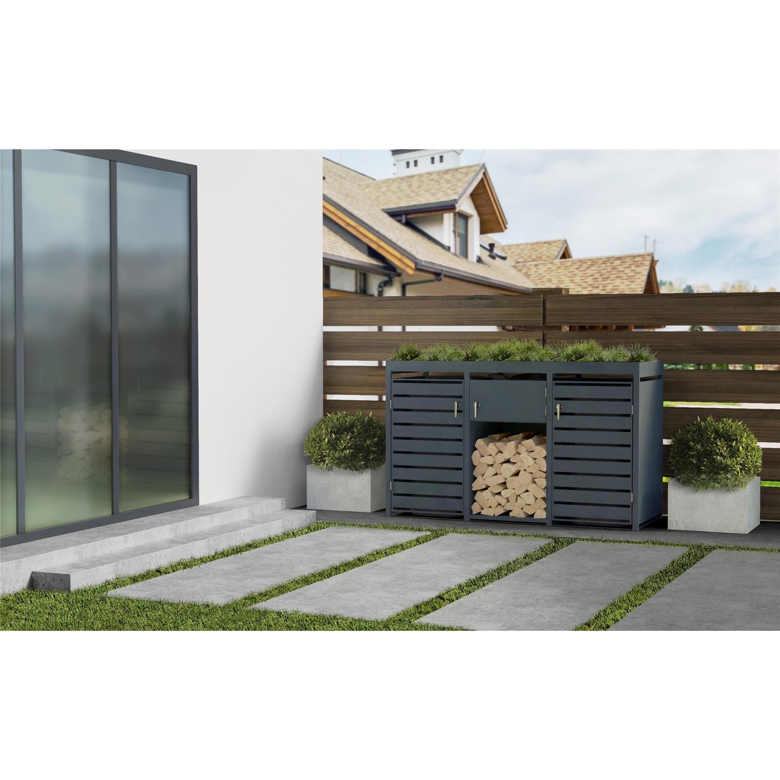 Metzler Brennholzregal mit Pflanzdach | Einzelbox | massiv & rostfrei | RAL7016 Anthrazitgrau matt
