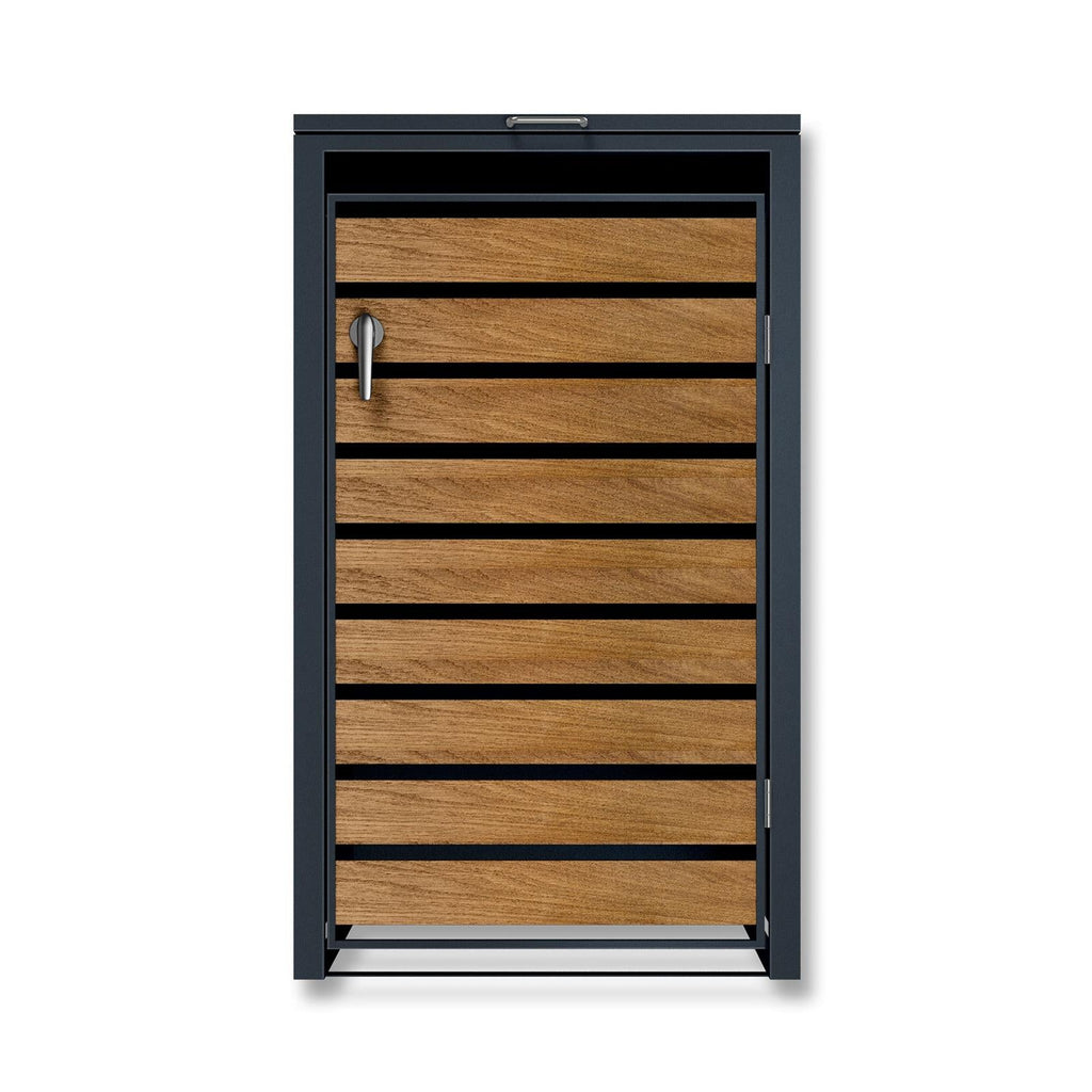 Metzler Mülltonnenbox | 1er | 240l | in Holzoptik | Anthrazit RAL 7016 | aus Stahl | rostfrei & massiv | Türgriff mit Schloss