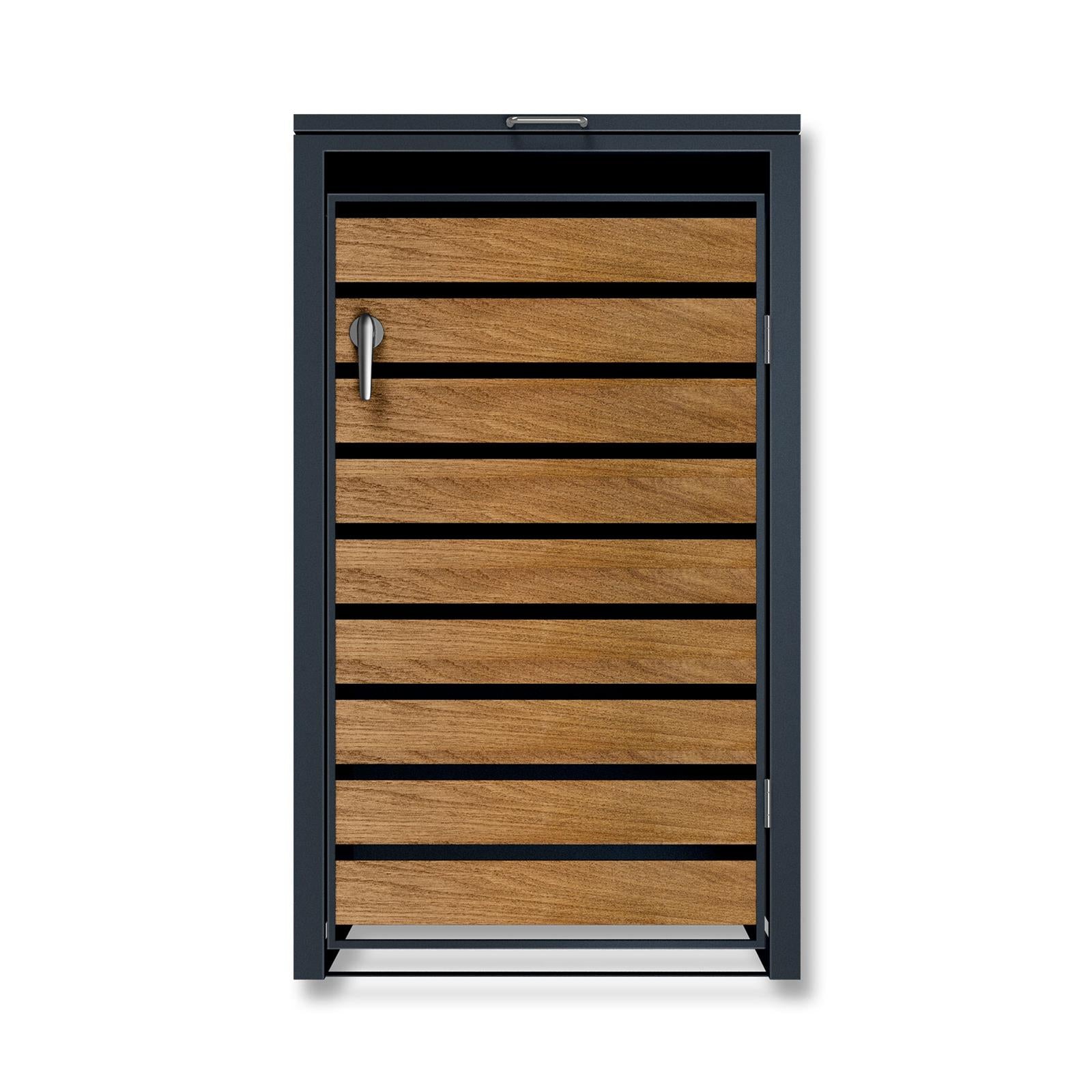 Metzler Mülltonnenbox | 1er | 240l | in Holzoptik | Anthrazit RAL 7016 | aus Stahl | rostfrei & massiv | Türgriff mit Schloss