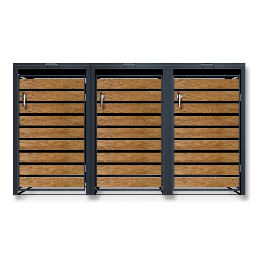 Metzler Mülltonnenbox | 3er | rostfrei und massiv | in Holzoptik | 3x 240l | RAL7016 Anthrazitgrau matt