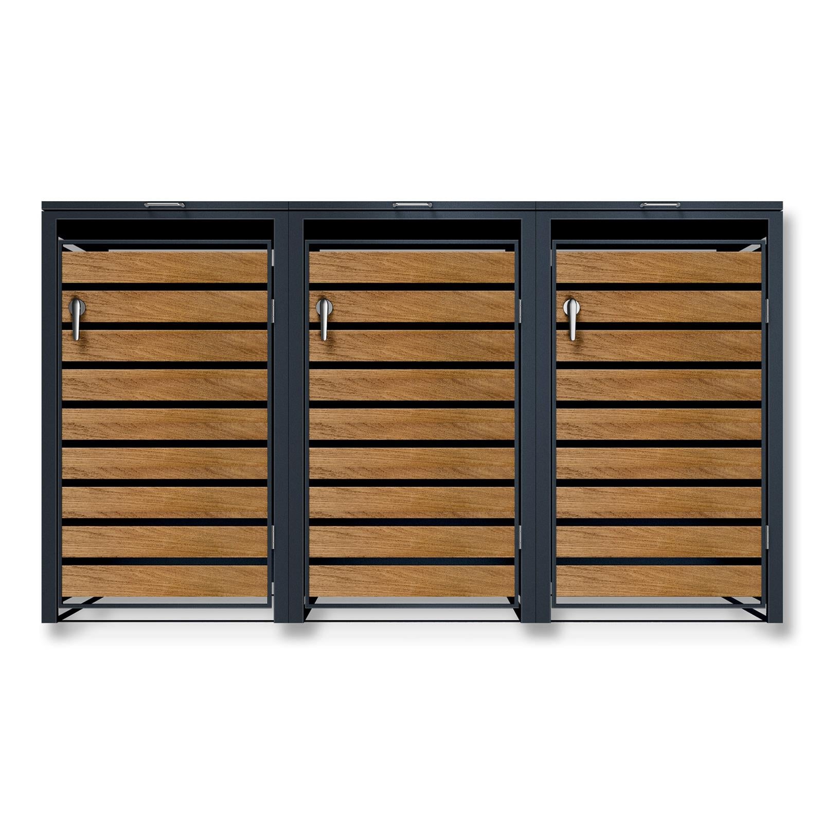 Metzler Mülltonnenbox | 3er | rostfrei und massiv | in Holzoptik | 3x 240l | RAL7016 Anthrazitgrau matt