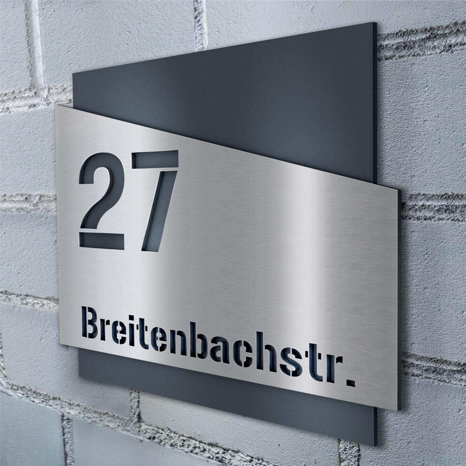 Metzler Edelstahl Hausnummernschild mit Straße | Anthrazit RAL 7016 | Emil