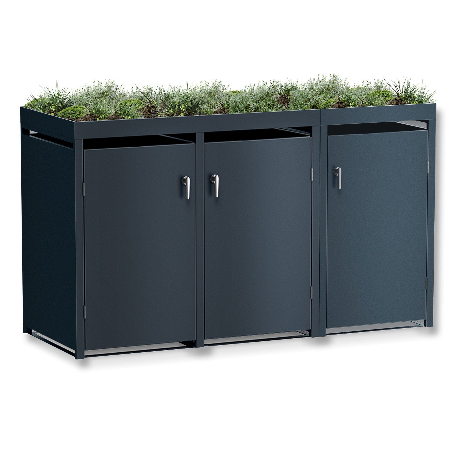 Metzler Mülltonnenbox mit Pflanzdach | 3er | massiv & rostfrei | 3x 240l | RAL7016 Anthrazitgrau matt