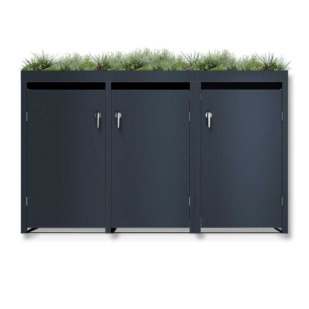 Metzler Mülltonnenbox mit Pflanzdach | 3er | massiv & rostfrei | 3x 240l | RAL7016 Anthrazitgrau matt