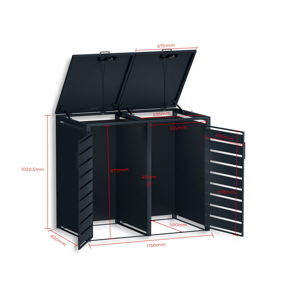 Metzler Mülltonnenbox | zweitürig | rostfrei und massiv | in Holzoptik | 2x 120l | RAL7016 Anthrazitgrau matt