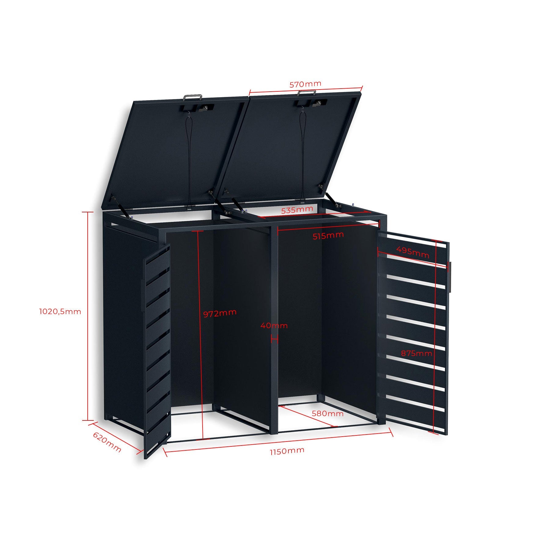 Metzler Mülltonnenbox | zweitürig | rostfrei und massiv | mit Sichtstreifen | 2x 120l | RAL7016 Anthrazitgrau matt
