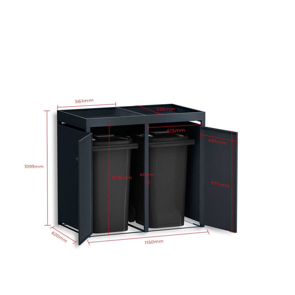 Metzler Mülltonnenbox mit Pflanzdach | zweitürig | massiv & rostfrei | 2x 120l | RAL7016 Anthrazitgrau matt