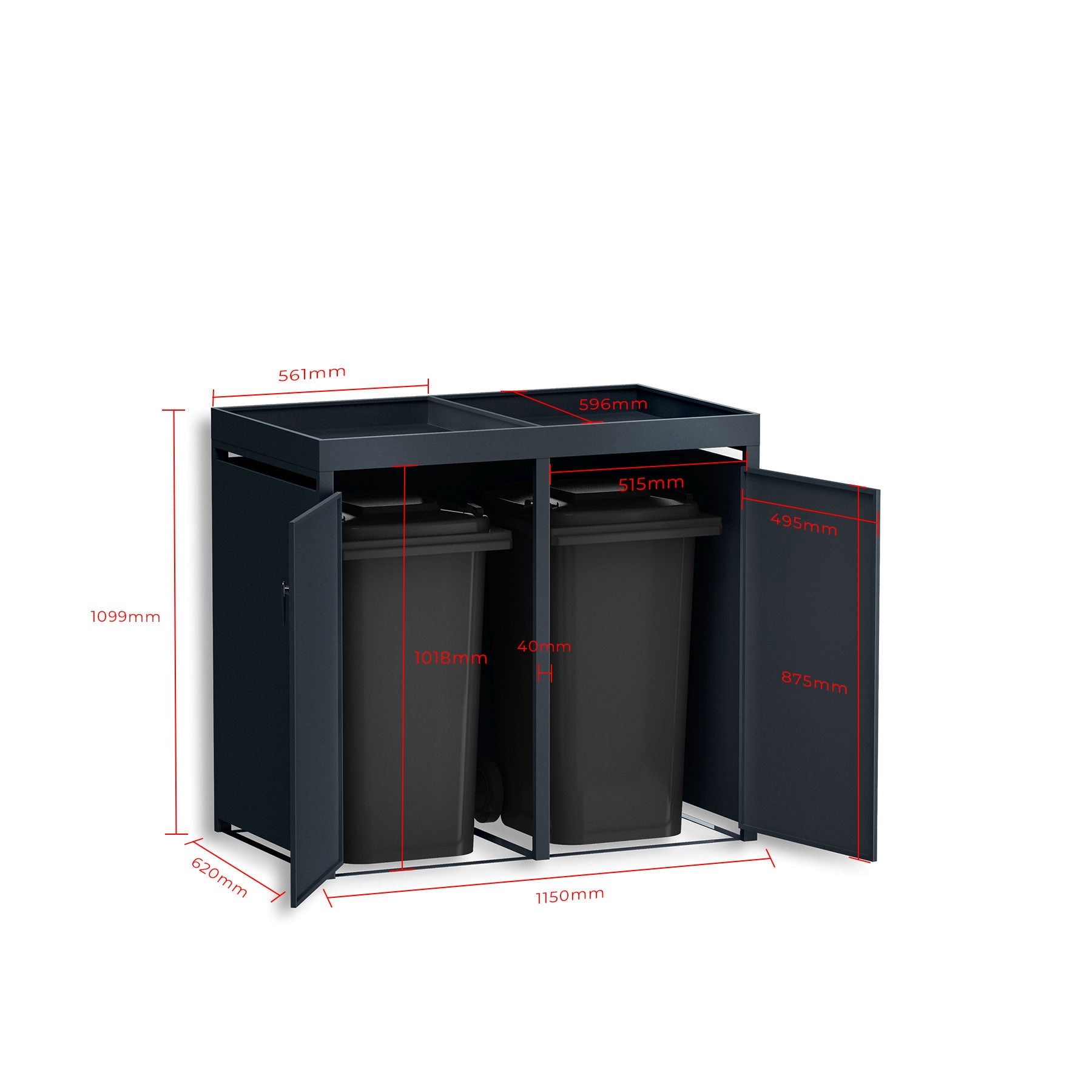 Metzler Mülltonnenbox mit Pflanzdach | zweitürig | massiv & rostfrei | 2x 120l | RAL7016 Anthrazitgrau matt