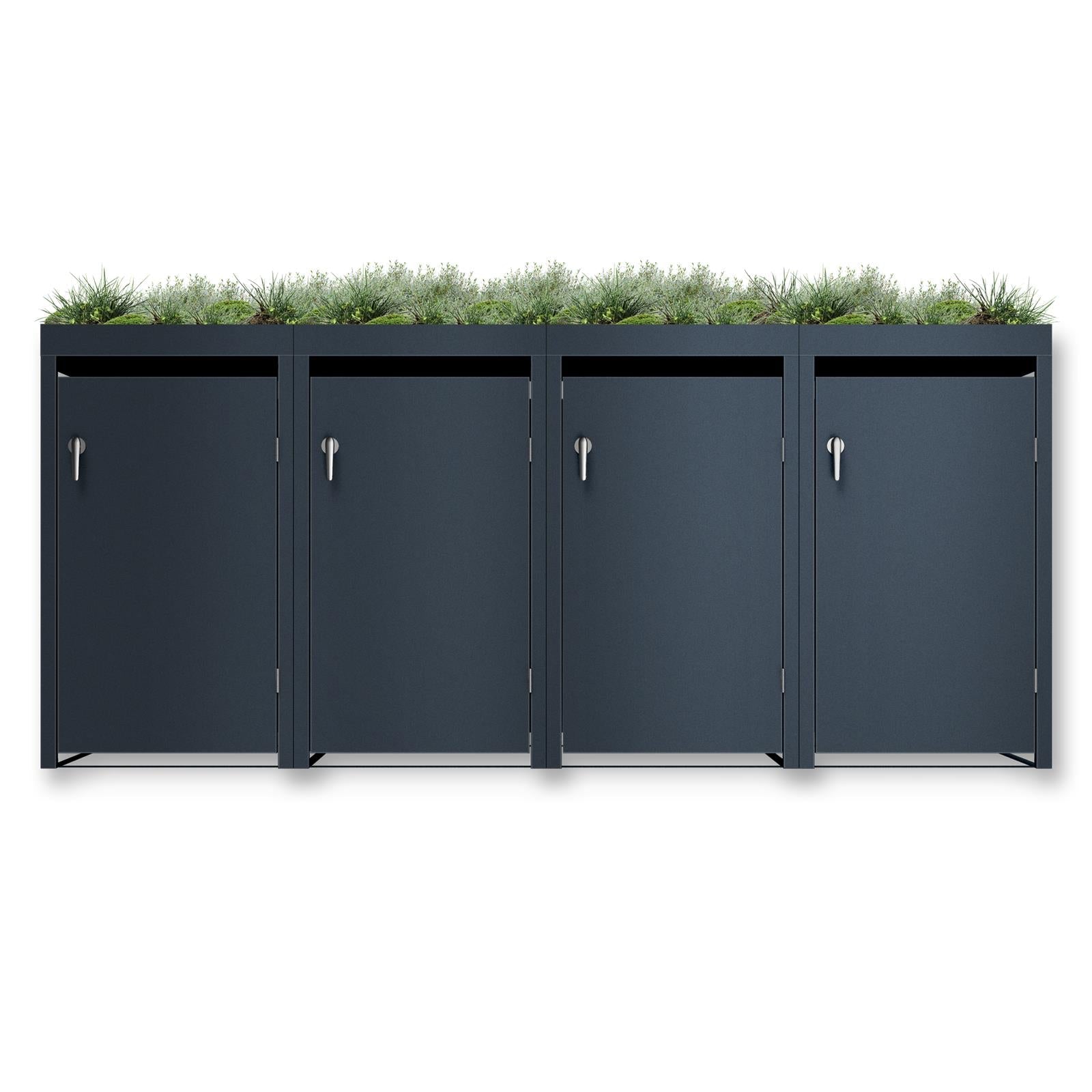 Metzler Mülltonnenbox mit Pflanzdach | 4er | 240l | Anthrazit RAL 7016 | aus Stahl | rostfrei & massiv | Türgriff mit Schloss