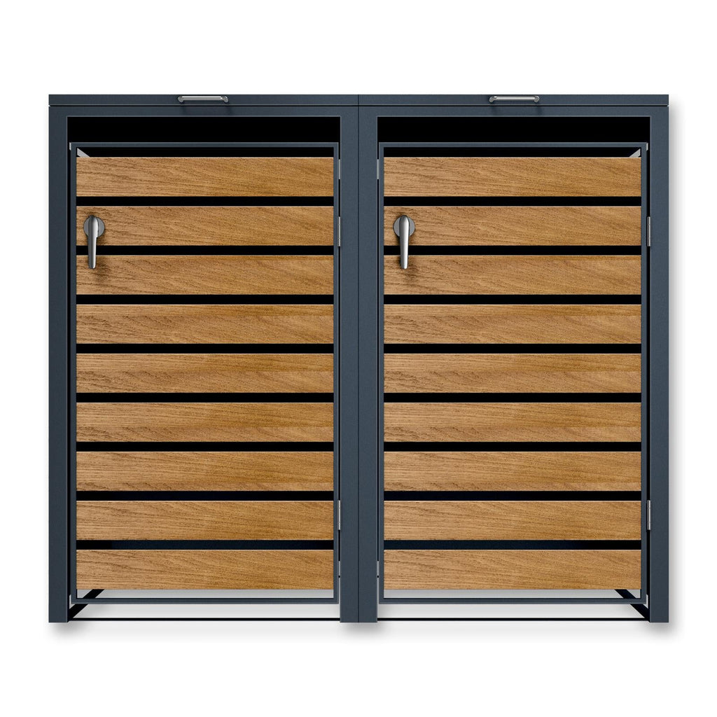 Metzler Mülltonnenbox | 2er | 240l | in Holzoptik | Anthrazit RAL 7016 | aus Stahl | rostfrei & massiv | Türgriff mit Schloss