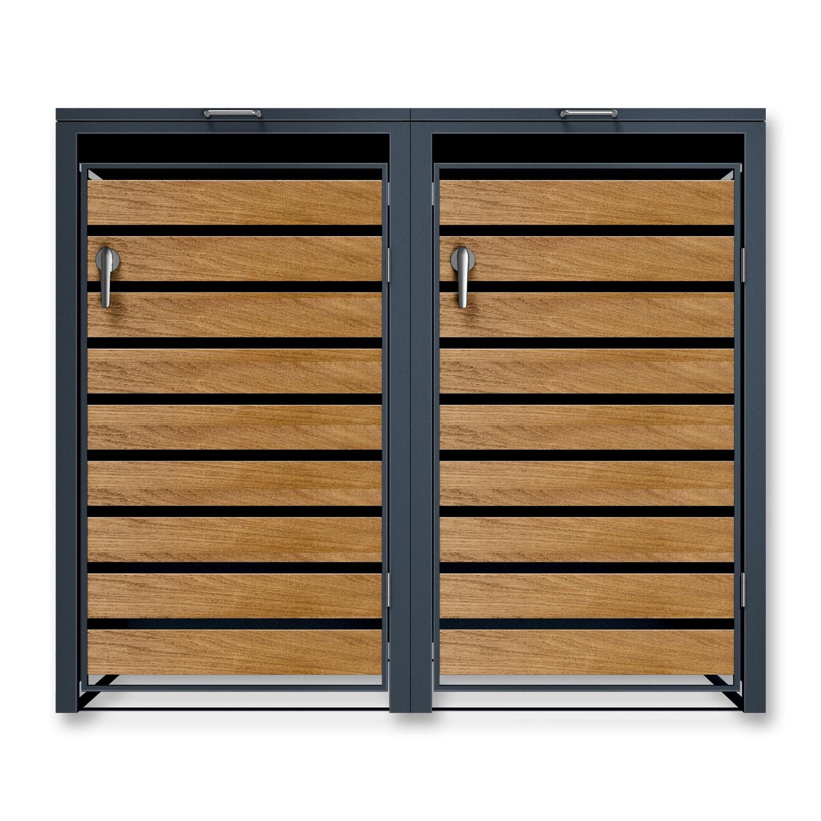 Metzler Mülltonnenbox | 2er | 240l | in Holzoptik | Anthrazit RAL 7016 | aus Stahl | rostfrei & massiv | Türgriff mit Schloss