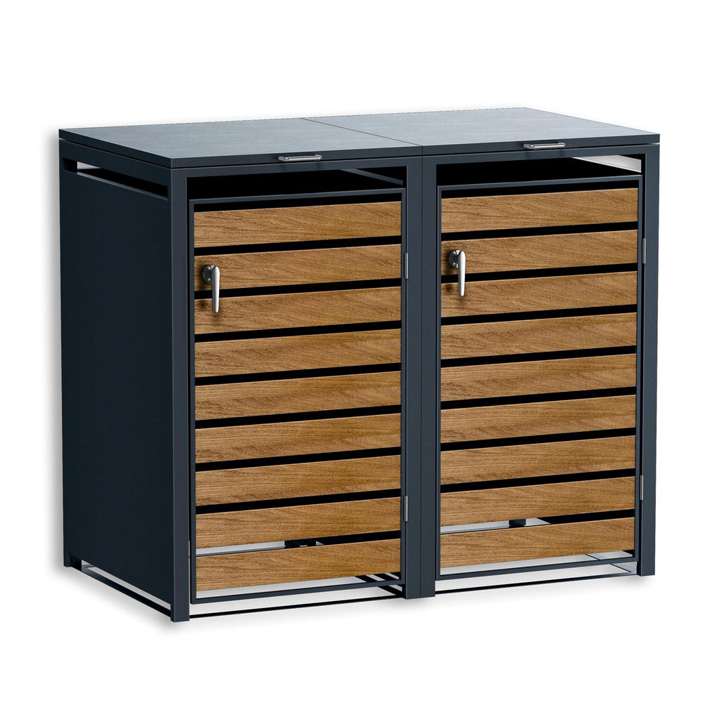 Metzler Mülltonnenbox | 2er | 240l | in Holzoptik | Anthrazit RAL 7016 | aus Stahl | rostfrei & massiv | Türgriff mit Schloss