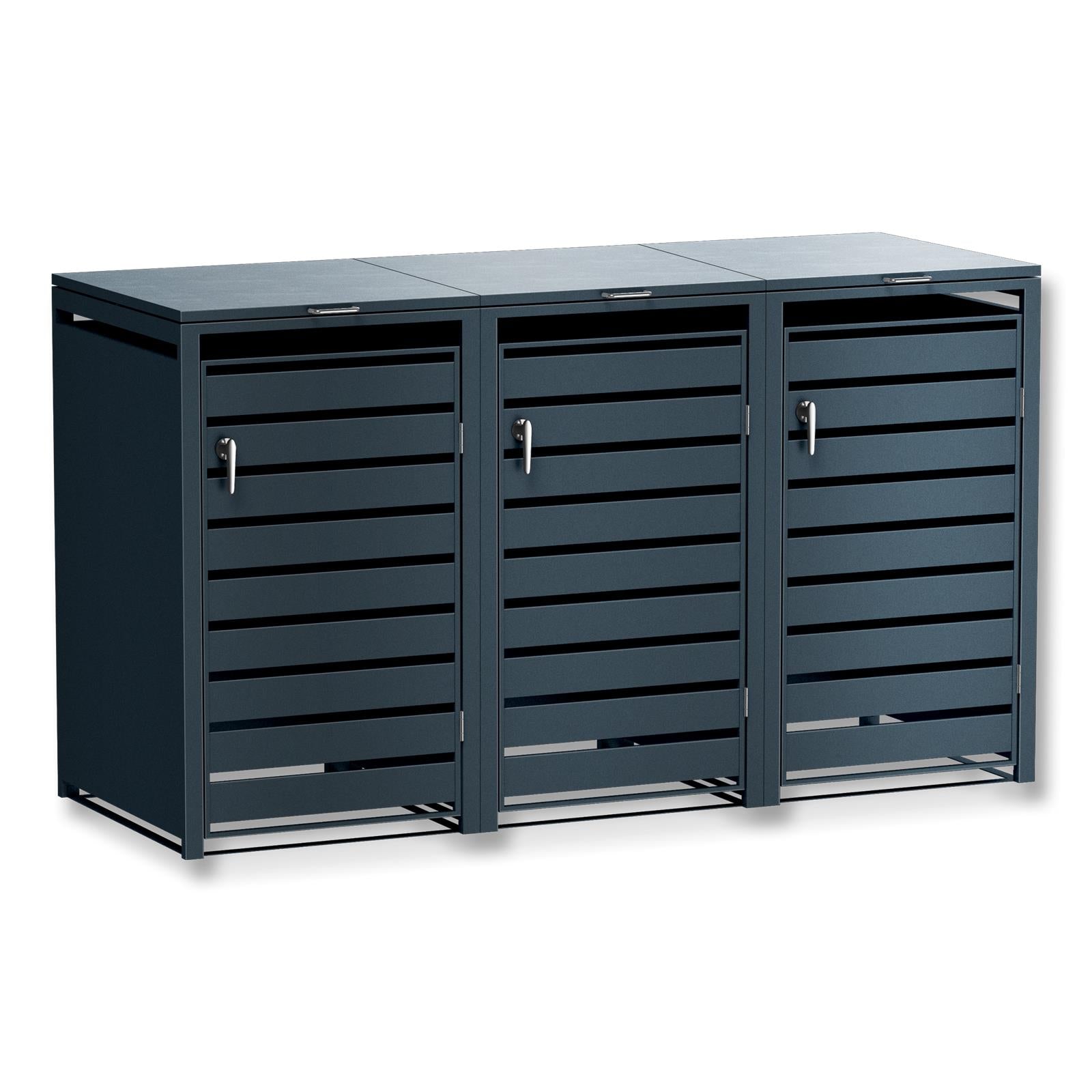 Metzler Mülltonnenbox | 3er | 240l | Anthrazit RAL 7016 | aus Stahl | mit Sichtstreifen | rostfrei & massiv | Türgriff mit Schloss