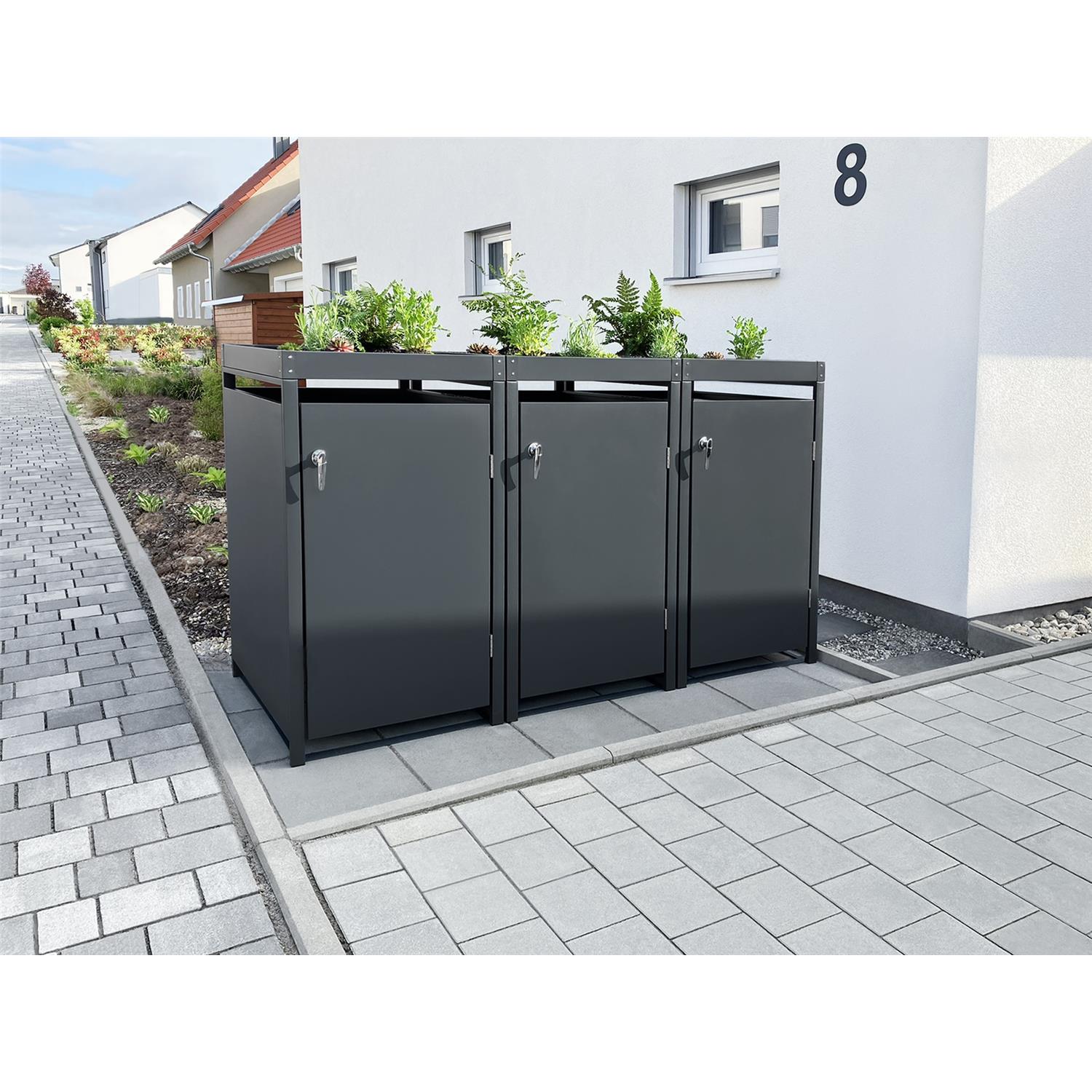 Metzler Mülltonnenbox mit Pflanzdach | 3er | 240l | Anthrazit RAL 7016 | aus Stahl | rostfrei & massiv | Türgriff mit Schloss