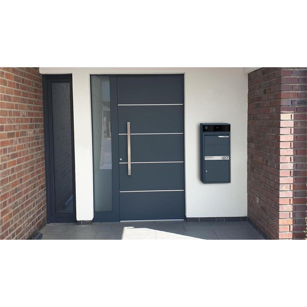 Metzler Video-Türsprechanlage mit Paketbox | Anthrazit RAL 7016 | personalisiert mit Gravur | Edelstahl-Namensschild | RFID Türöffner wählbar