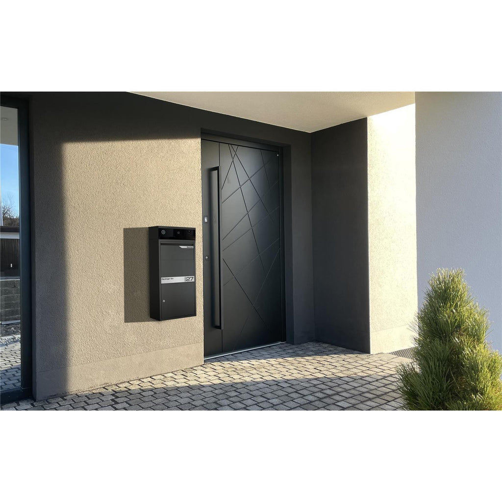 Metzler Video-Türsprechanlage mit Paketbox | Anthrazit RAL 7016 | personalisiert mit Gravur | Edelstahl-Namensschild | RFID Türöffner wählbar