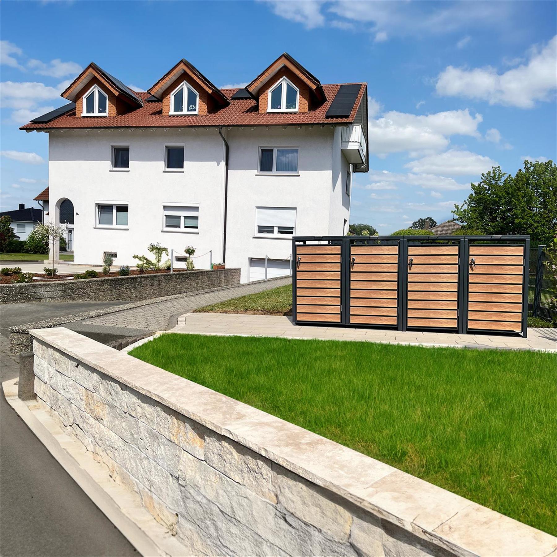 Metzler Mülltonnenbox | 4er | 240l | in Holzoptik | Anthrazit RAL 7016 | aus Stahl | rostfrei & massiv | Türgriff mit Schloss
