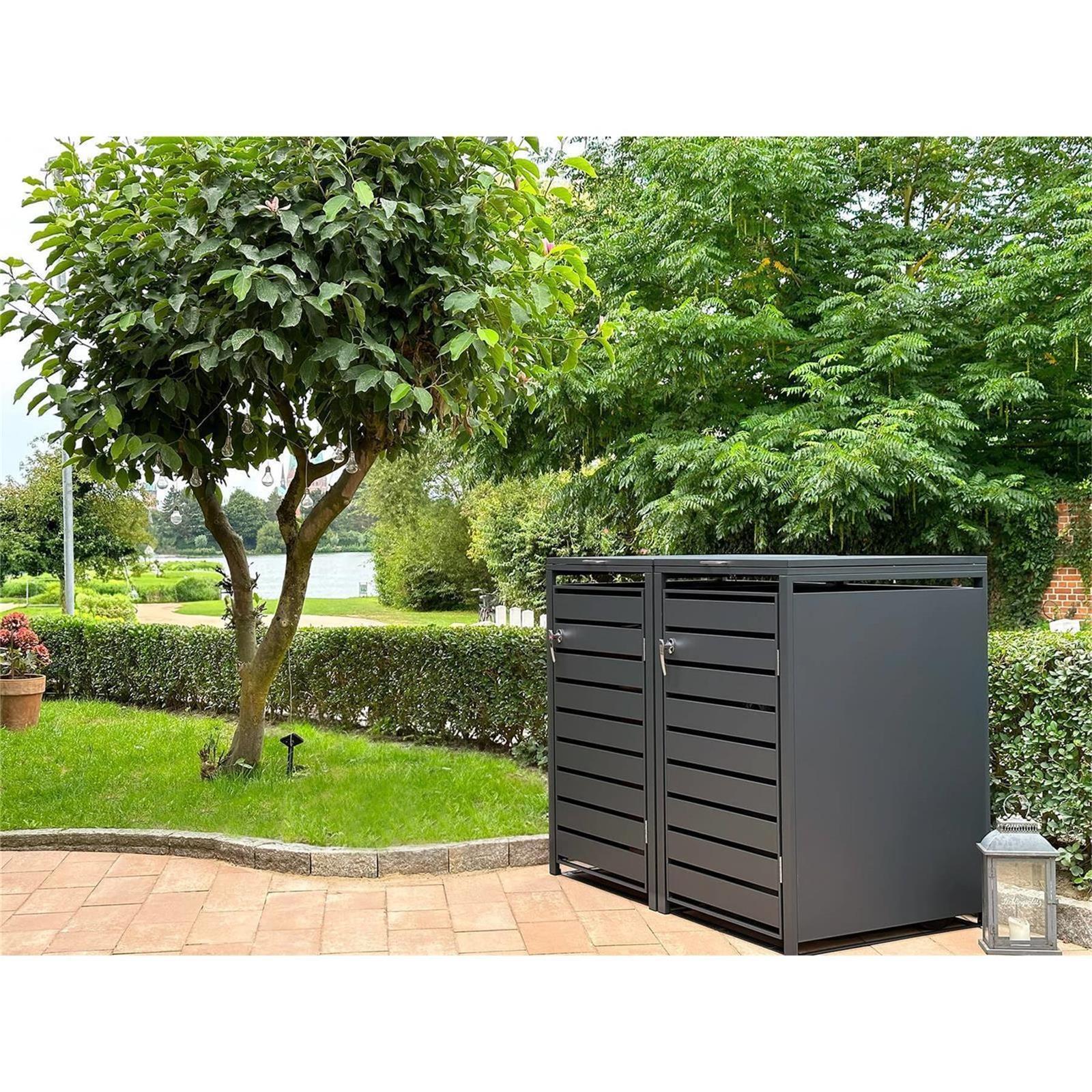 Metzler Mülltonnenbox | 2er | 240l | Anthrazit RAL 7016 | aus Stahl | mit Sichtstreifen | rostfrei & massiv | Türgriff mit Schloss