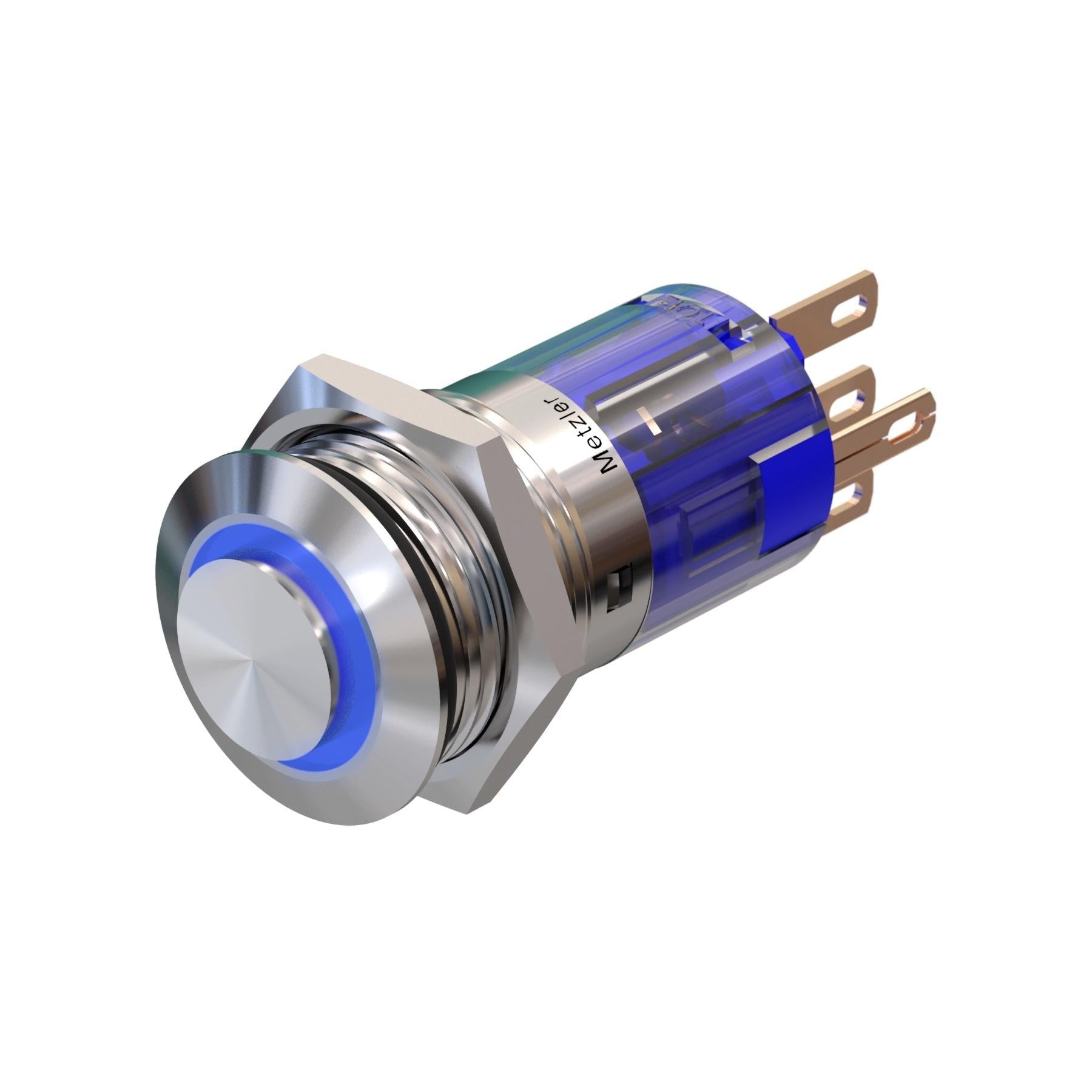 Metzler - Drucktaster 16mm - LED Ringbeleuchtung Blau - IP67 IK10 - Edelstahl - Hervorstehend - Lötkontakte