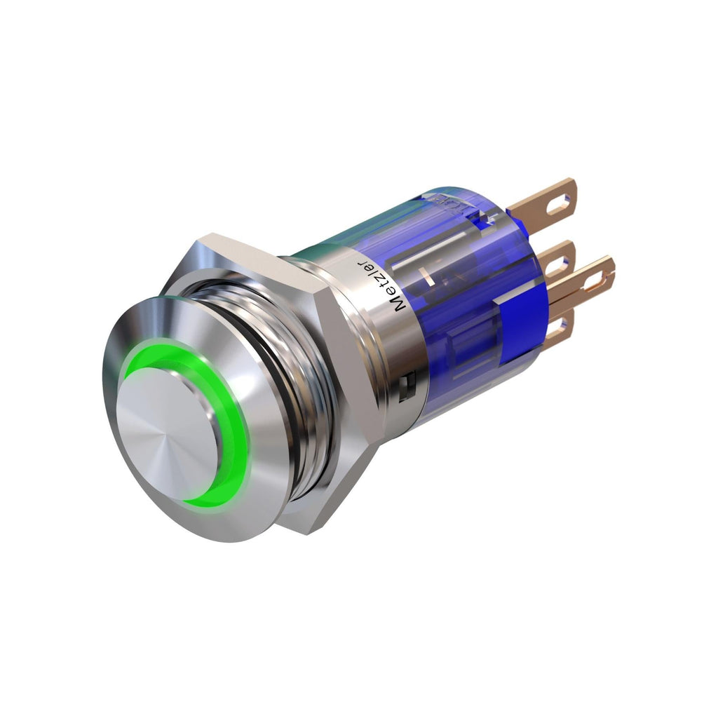 Metzler - Drucktaster 16mm - LED Ringbeleuchtung Grün - IP67 IK10 - Edelstahl - Hervorstehend - Lötkontakte