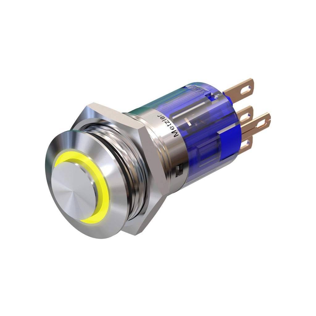 Metzler - Drucktaster 16mm - LED Ringbeleuchtung Gelb - IP67 IK10 - Edelstahl - Hervorstehend - Lötkontakte
