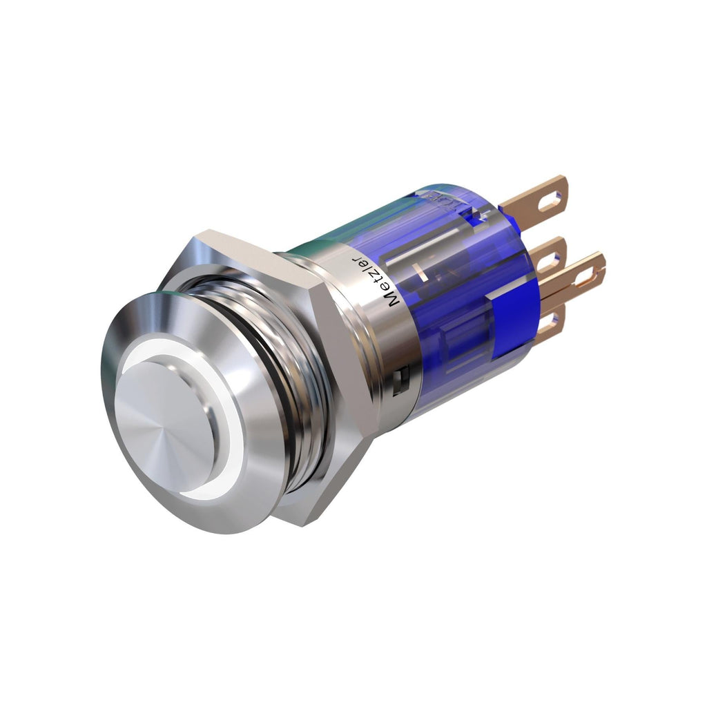 Metzler - Drucktaster 16mm - LED Ringbeleuchtung Weiß - IP67 IK10 - Edelstahl - Hervorstehend - Lötkontakte
