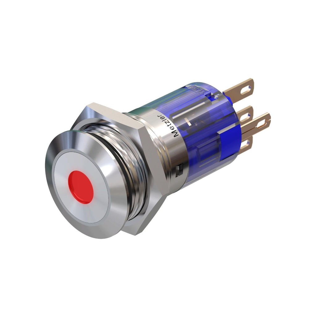 Metzler - Drucktaster 16mm - LED Punktbeleuchtung Rot - IP67 IK10 - Edelstahl - Flach - Lötkontakte