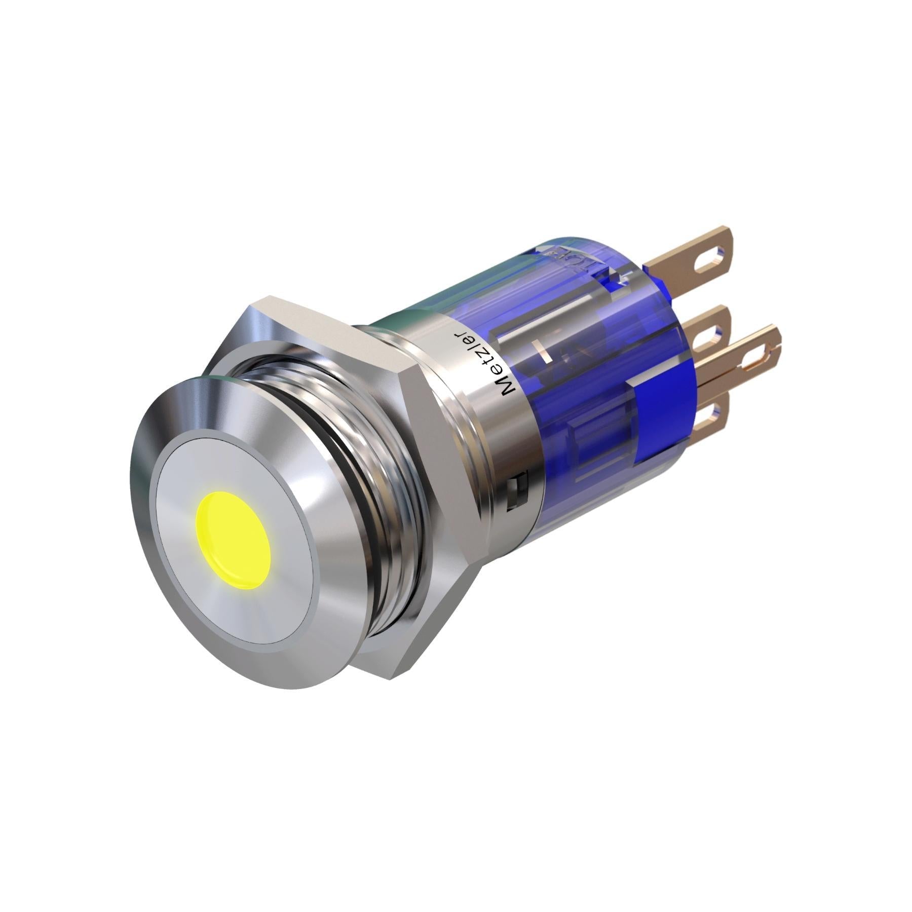Metzler - Drucktaster 16mm - LED Punktbeleuchtung Gelb - IP67 IK10 - Edelstahl - Flach - Lötkontakte