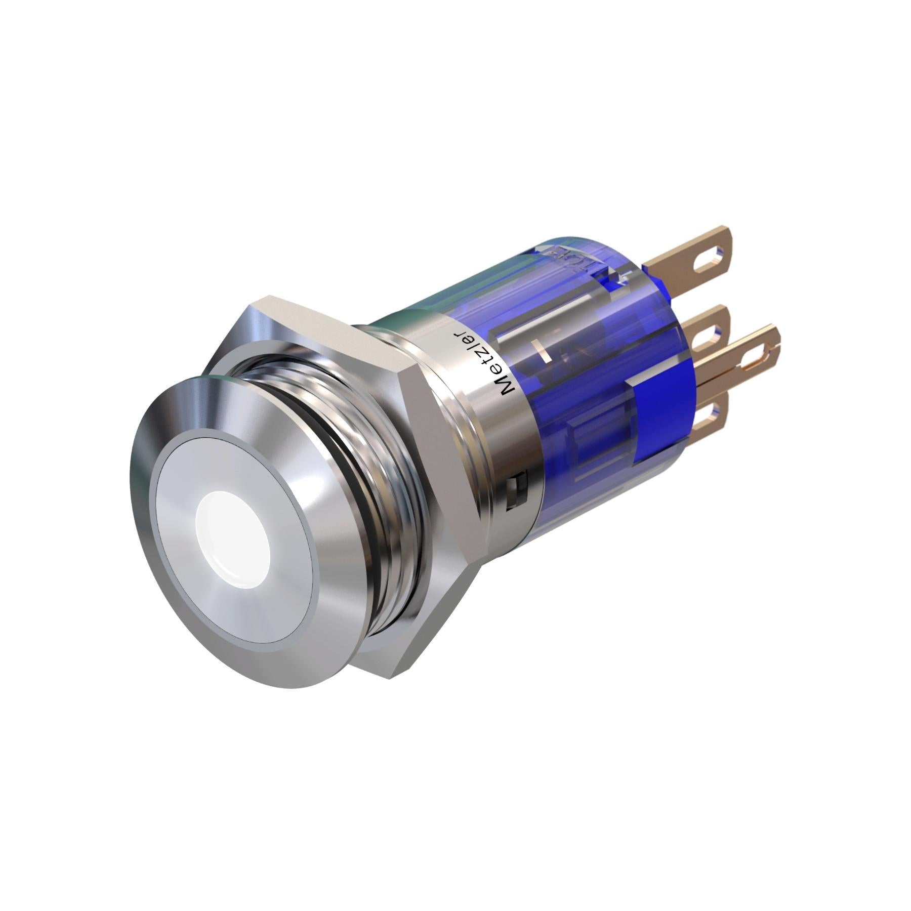 Metzler - Drucktaster 16mm - LED Punktbeleuchtung Weiß - IP67 IK10 - Edelstahl - Flach - Lötkontakte