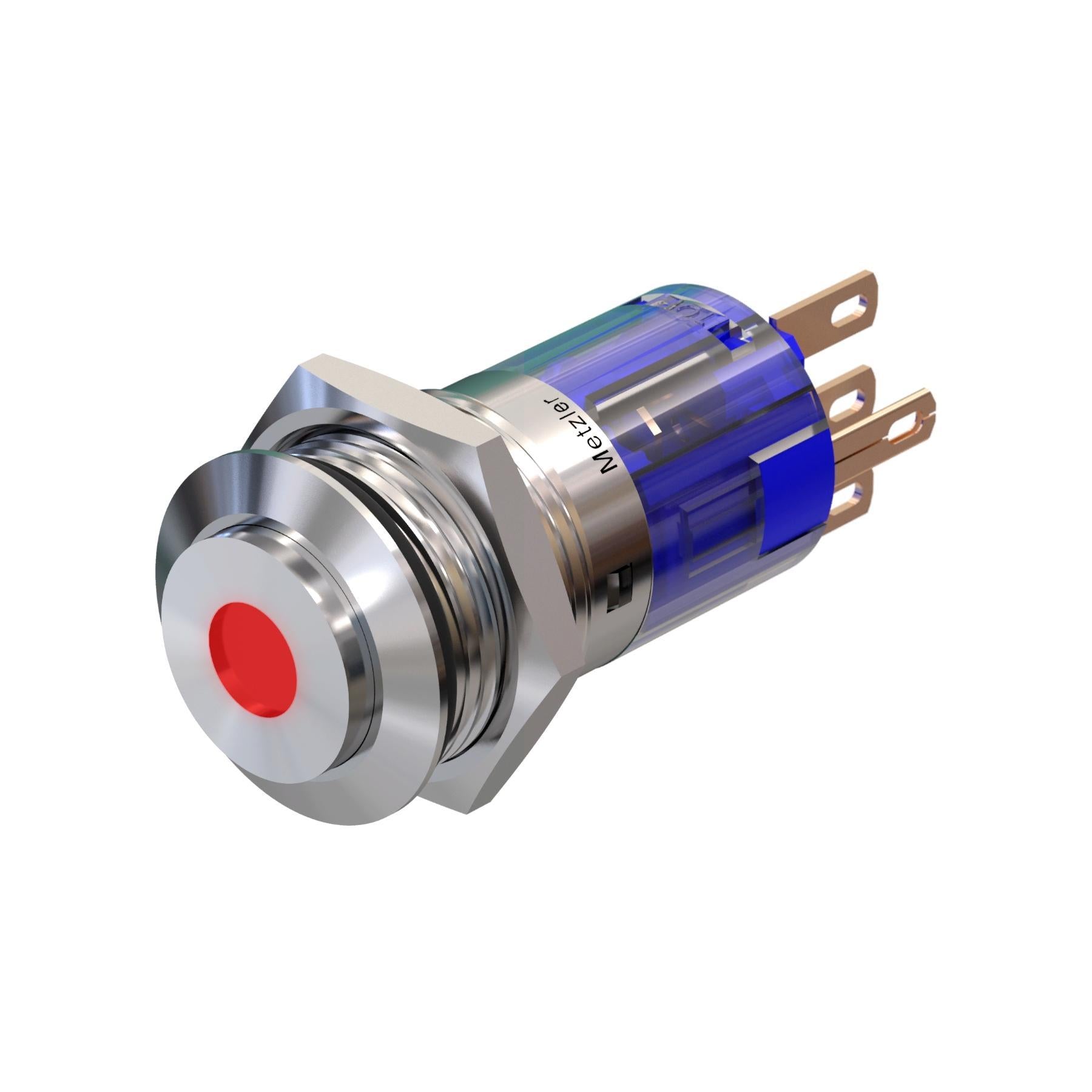 Metzler - Drucktaster 16mm - LED Punktbeleuchtung Rot - IP67 IK10 - Edelstahl - Hervorstehend - Lötkontakte