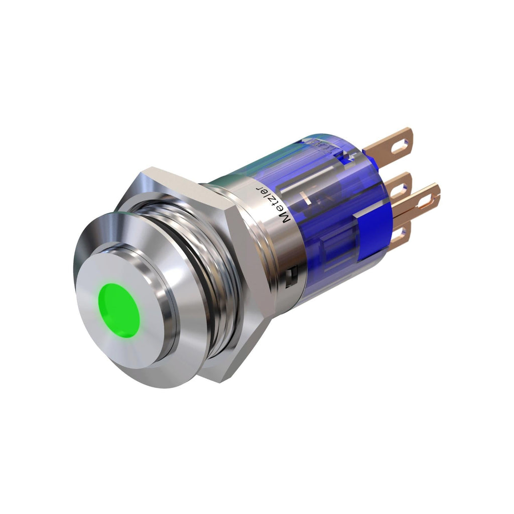 Metzler - Drucktaster 16mm - LED Punktbeleuchtung Grün - IP67 IK10 - Edelstahl - Hervorstehend - Lötkontakte