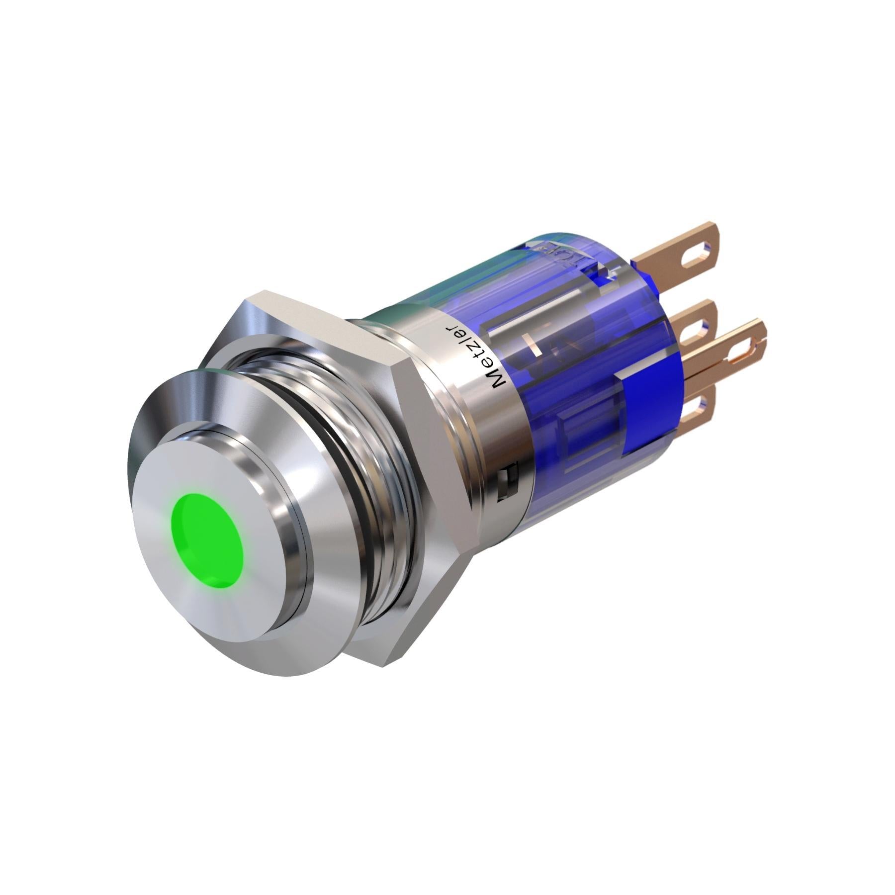 Metzler - Drucktaster 16mm - LED Punktbeleuchtung Grün - IP67 IK10 - Edelstahl - Hervorstehend - Lötkontakte