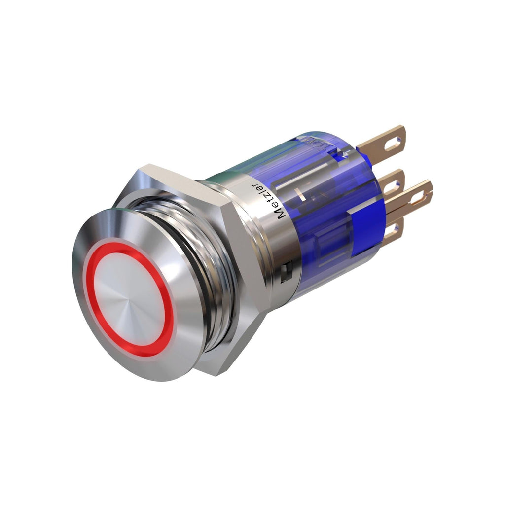 Metzler - Drucktaster 16mm - LED Ringbeleuchtung Rot - IP67 IK10 - Edelstahl - Flach - Lötkontakte